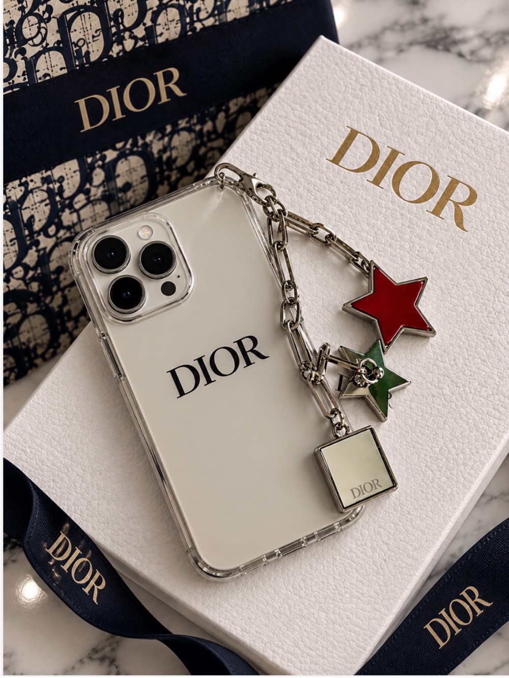 Dior sliver tone star and CD logo chain phone strap
